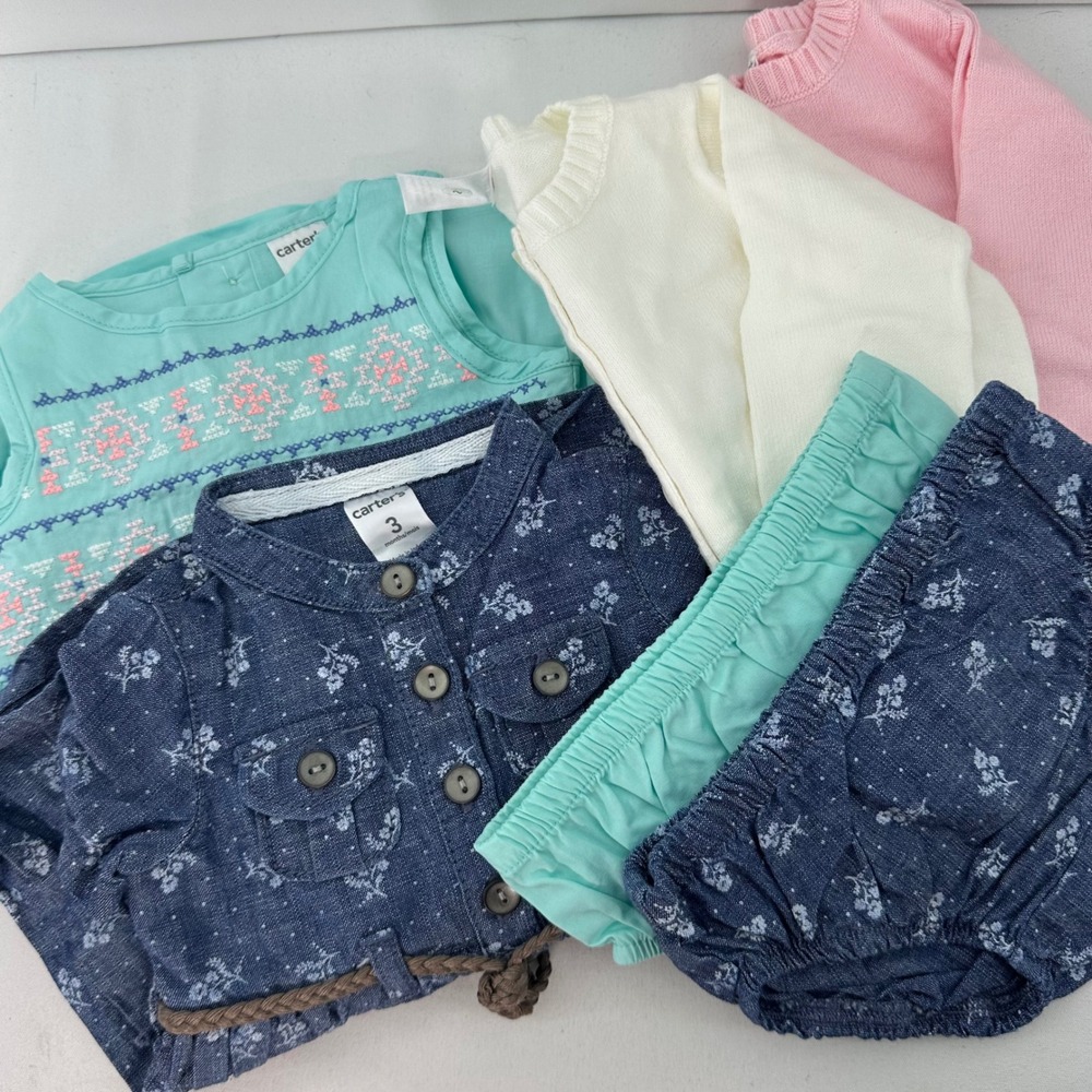 Carter's Dress Cardigan Set Baby Girl 3M Pink Teal White Excellent Floral 6pc